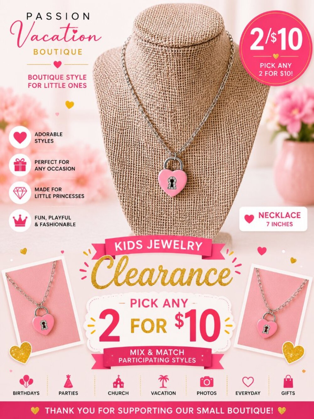 2/$10 Girls Pink Heart Lock Rhinestone Pendant Necklace | 7 Inch